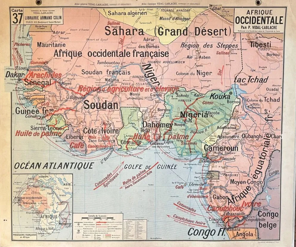 Ancienne carte scolaire Vidal-Lablache 37, T36, 1930 Afrique occidentale