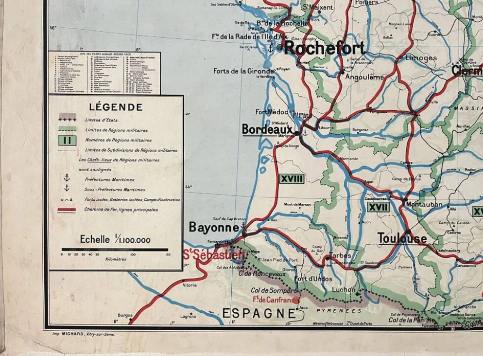 Ancienne carte scolaire Vidal-Lablache 10, T26, 1930 - Divisions militaires