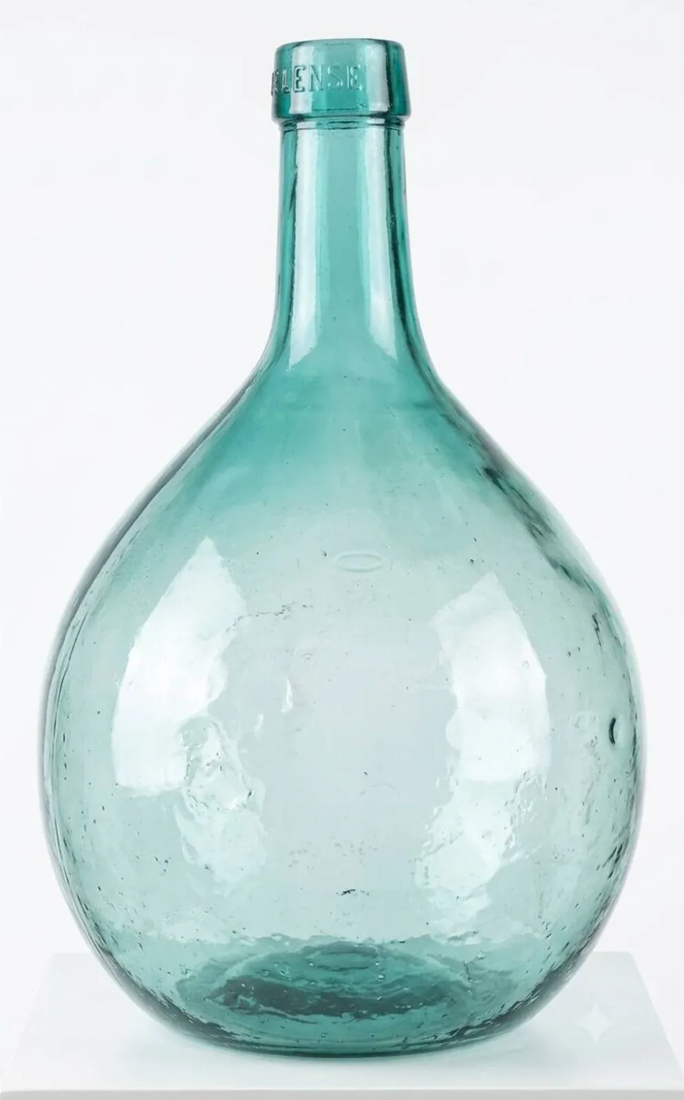 Ancienne dame-jeanne signée v. ayelense - verre turquoise lumineux