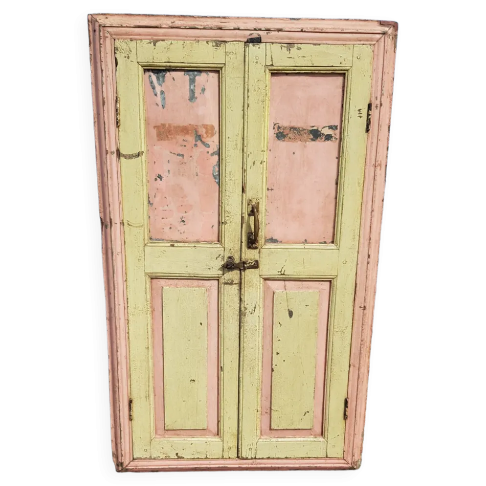 Ancienne fenêtre en tek birman polychrome avec miroir intérieur