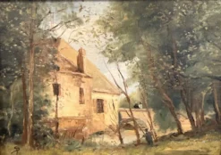 Ancienne huile sur bois – Maison en forêt – Paysage