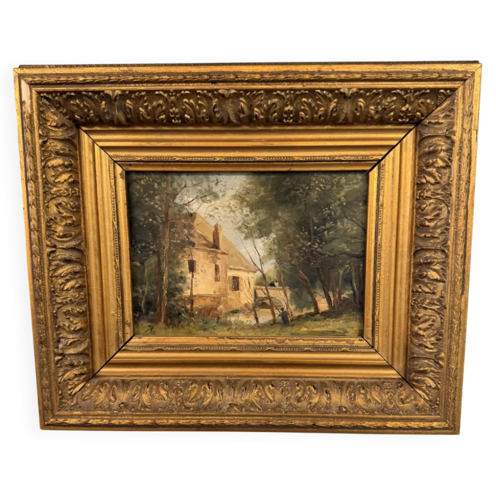 Ancienne huile sur bois – Maison en forêt – Paysage