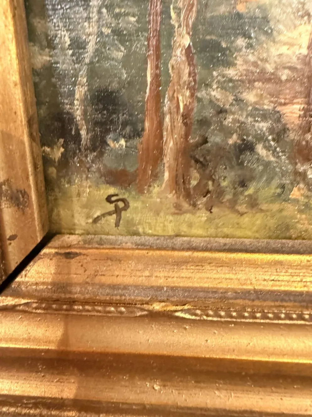 Ancienne huile sur bois – Maison en forêt – Paysage