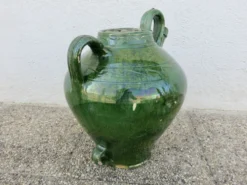 Ancienne jarre à huile en terre cuite vernissée vert, fin XIXème