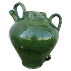 Ancienne jarre à huile en terre cuite vernissée vert, fin XIXème