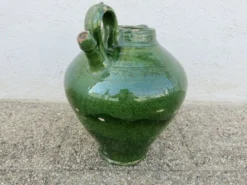 Ancienne jarre à huile en terre cuite vernissée vert, fin XIXème