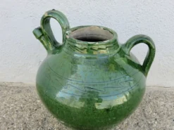 Ancienne jarre à huile en terre cuite vernissée vert, fin XIXème