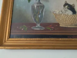 Ancienne peinture sur panneau - Chaton et Fleurs - Signé Léon Chevalier