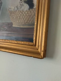 Ancienne peinture sur panneau - Chaton et Fleurs - Signé Léon Chevalier