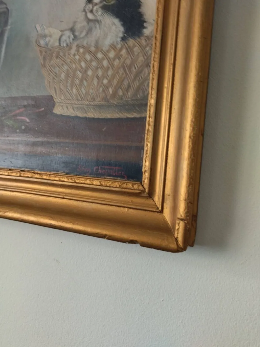 Ancienne peinture sur panneau - Chaton et Fleurs - Signé Léon Chevalier