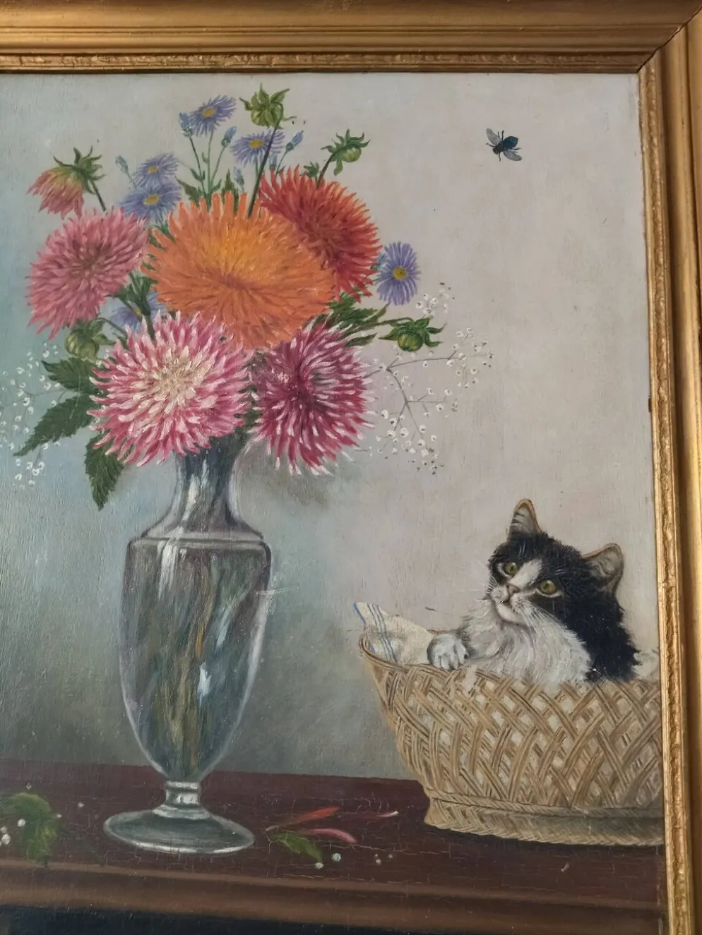 Ancienne peinture sur panneau - Chaton et Fleurs - Signé Léon Chevalier