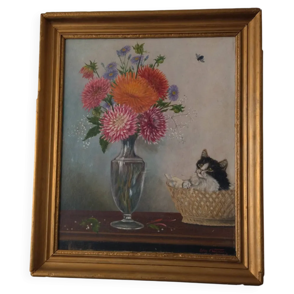 Ancienne peinture sur panneau - Chaton et Fleurs - Signé Léon Chevalier