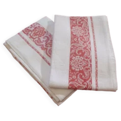 2 anciennes serviettes de table damassées rouges et blanches