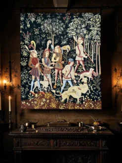 Ancienne tapisserie à la main Chasse médiévale Licorne XXème