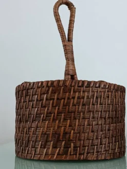 Ancien panier porte-verres en rotin tressé – Vintage années 70