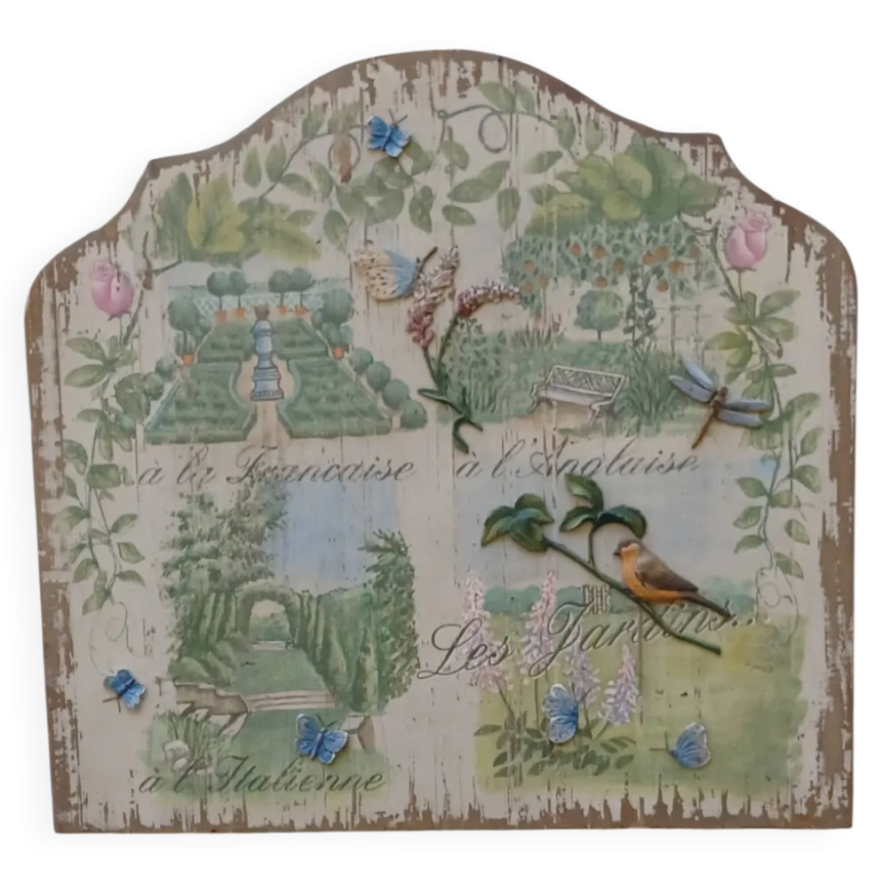 Ancien panneau decoratif en bois sculpte sur l'art des jardins en europe