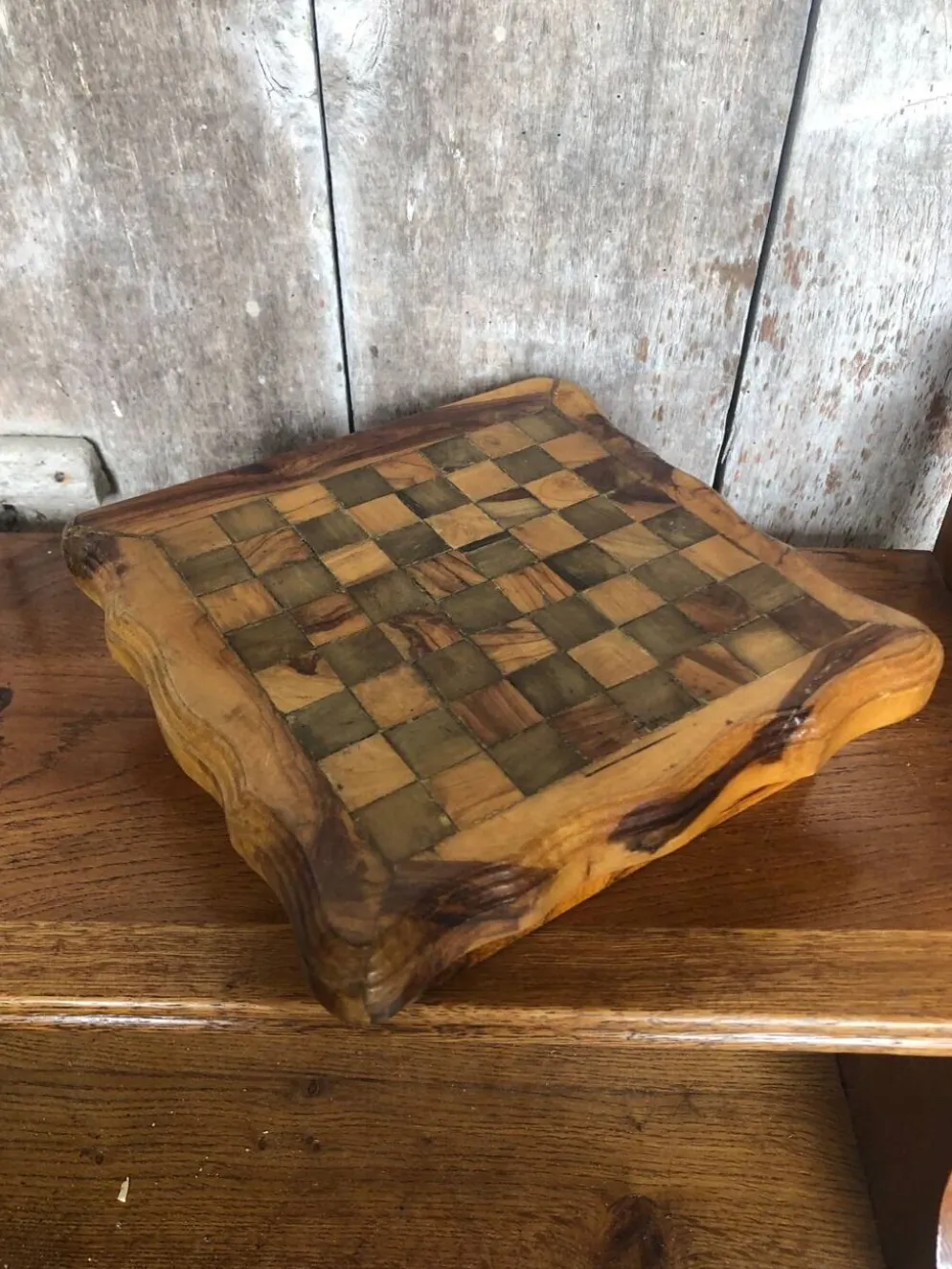 Ancien Plateau Jeu De Dames Échecs Solitaire Domino En Bois Olivier Brut