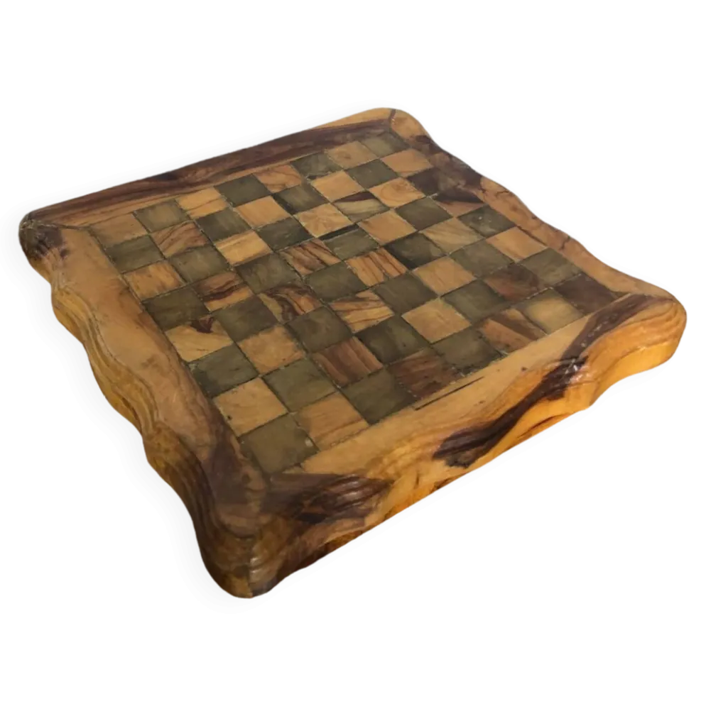 Ancien Plateau Jeu De Dames Échecs Solitaire Domino En Bois Olivier Brut