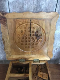 Ancien Plateau Jeu De Dames Échecs Solitaire Domino En Bois Olivier Brut
