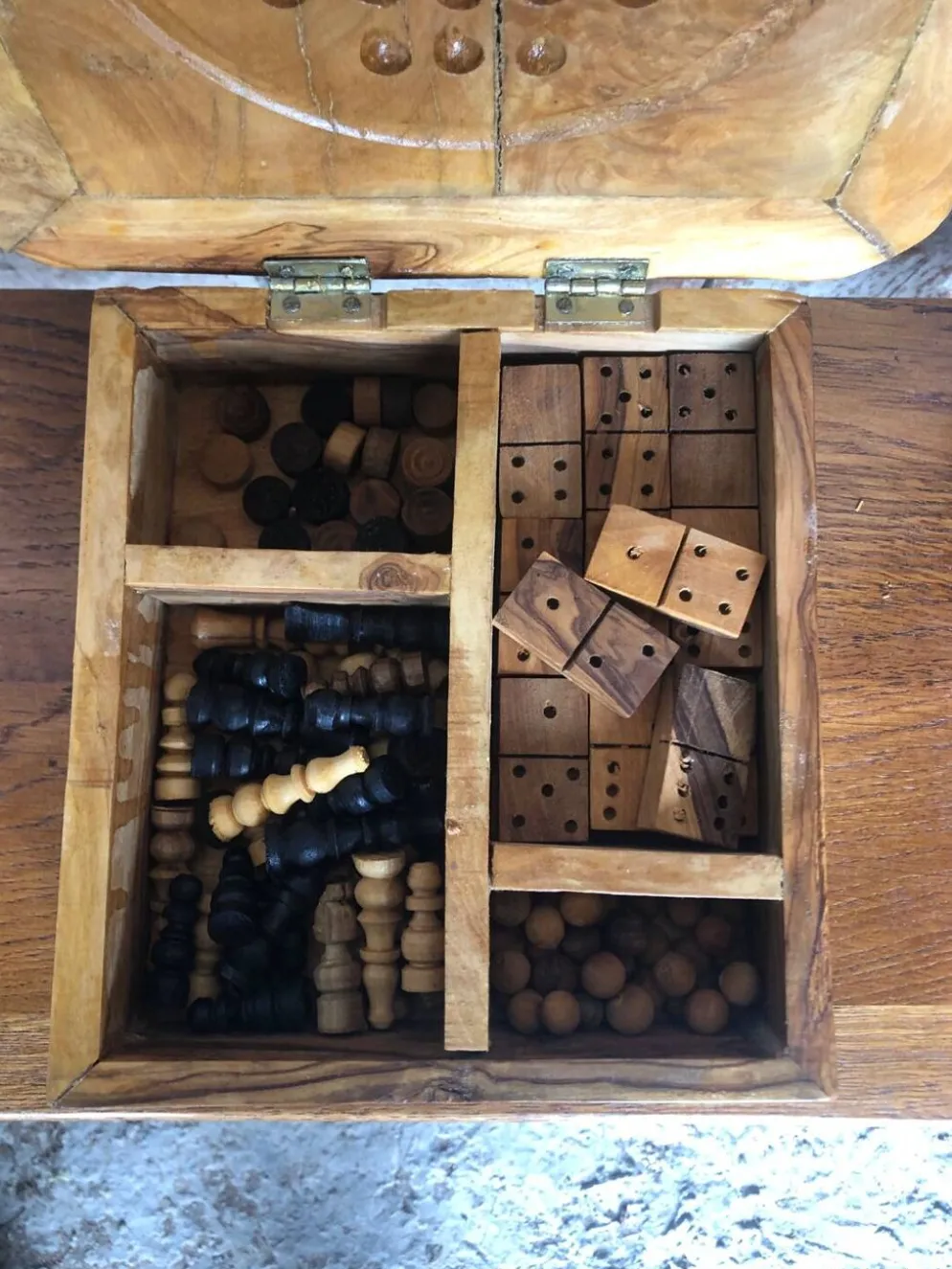 Ancien Plateau Jeu De Dames Échecs Solitaire Domino En Bois Olivier Brut