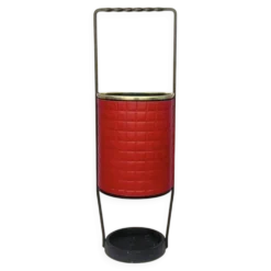 Ancien porte-parapluie en fer forgé et Skaï rouge – années 60
