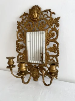 Applique miroir biseauté en bronze doré 3 bougeoirs