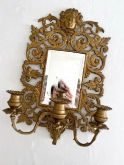Applique miroir biseauté en bronze doré 3 bougeoirs