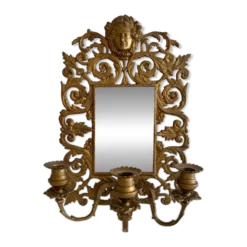 Applique miroir biseauté en bronze doré 3 bougeoirs