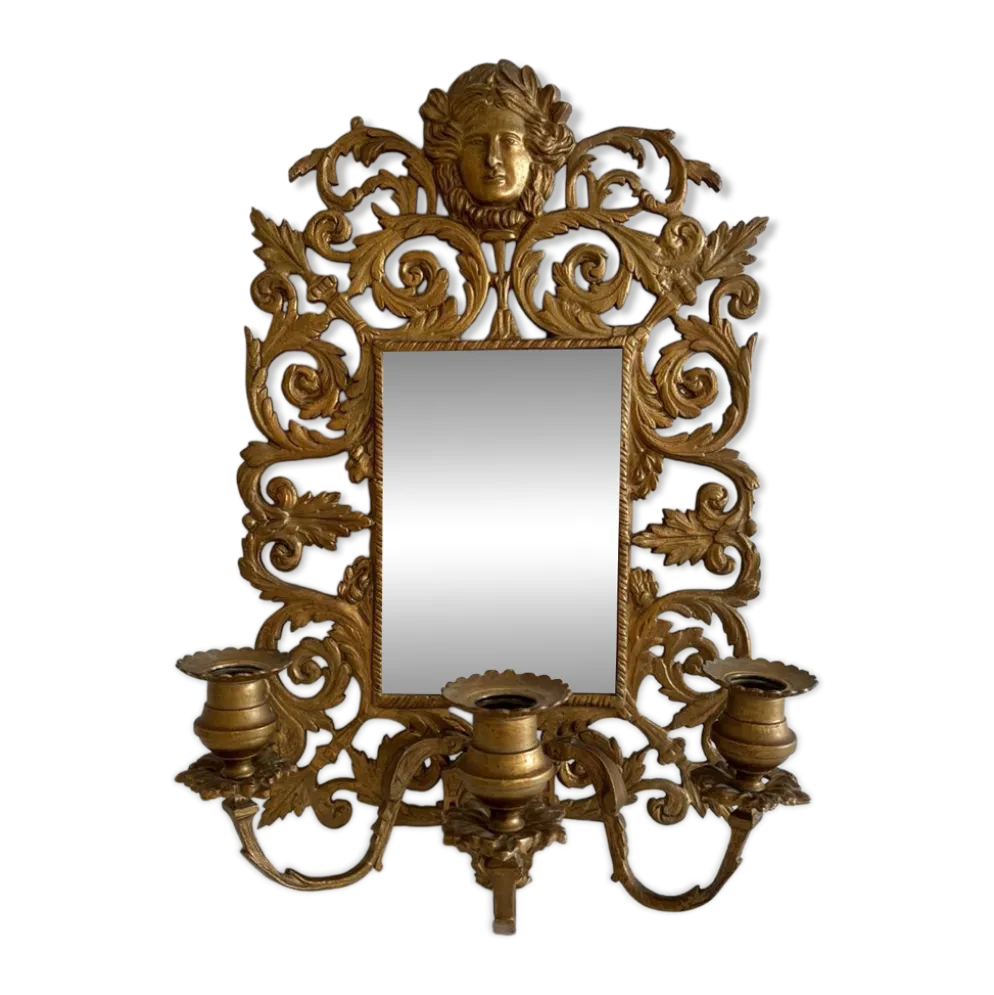 Applique miroir biseauté en bronze doré 3 bougeoirs
