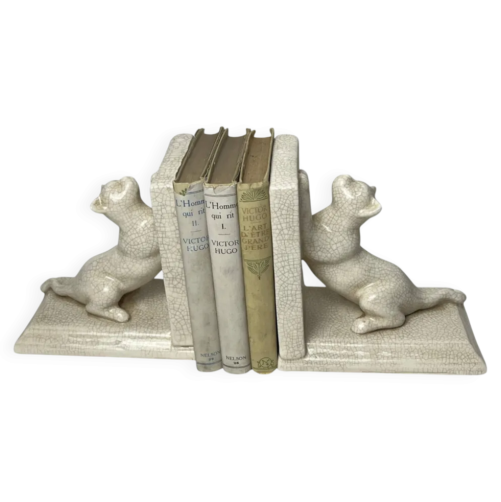 Art déco, paire serre-livres faïence craquelé chats Louvière vers 1930