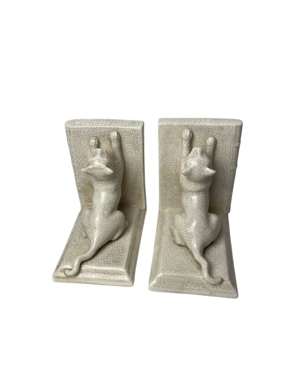 Art déco, paire serre-livres faïence craquelé chats Louvière vers 1930