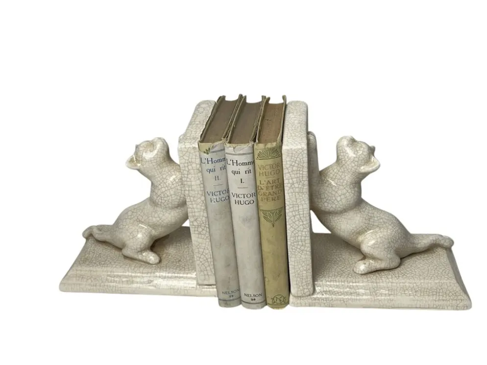 Art déco, paire serre-livres faïence craquelé chats Louvière vers 1930