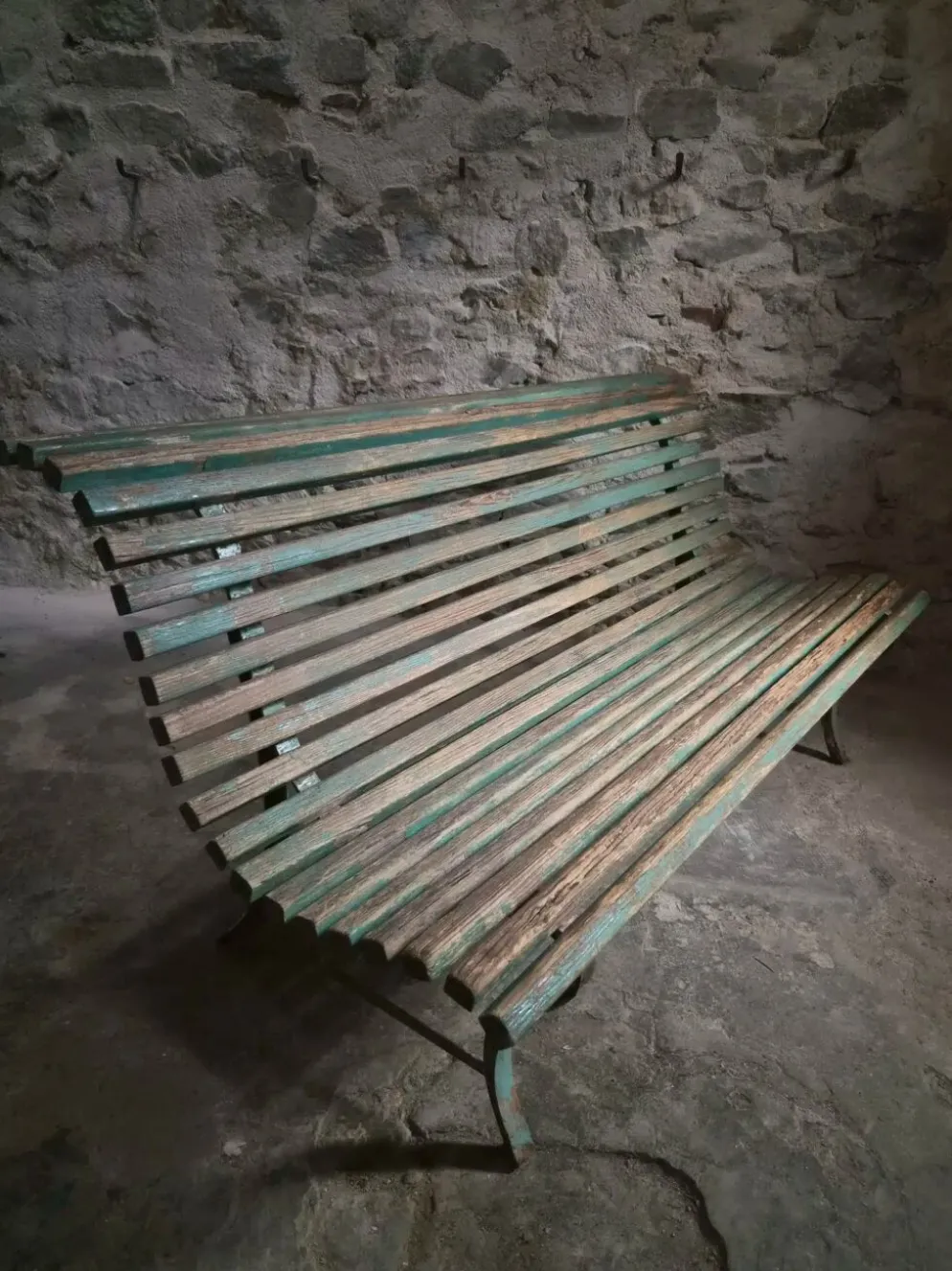 Banc de jardin français en bois et fer, années 1950