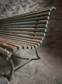 Banc de jardin français en bois et fer, années 1950