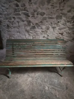 Banc de jardin français en bois et fer, années 1950