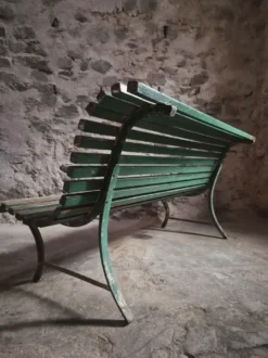 Banc de jardin français en bois et fer, années 1950