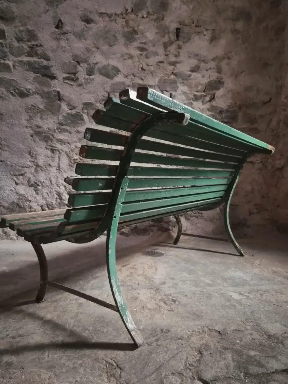 Banc de jardin français en bois et fer, années 1950