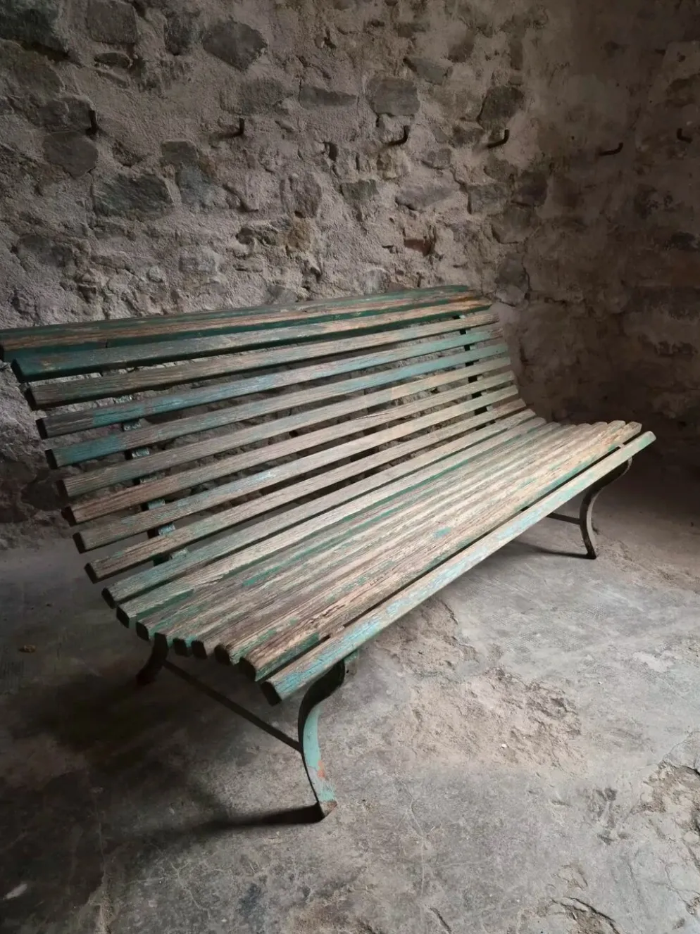 Banc de jardin français en bois et fer, années 1950