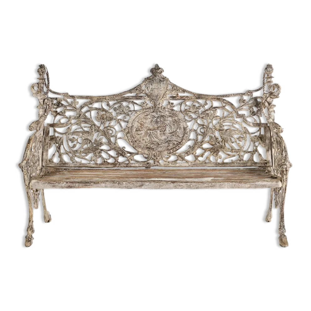 Banc en fonte sculptée et bois à patine blanche