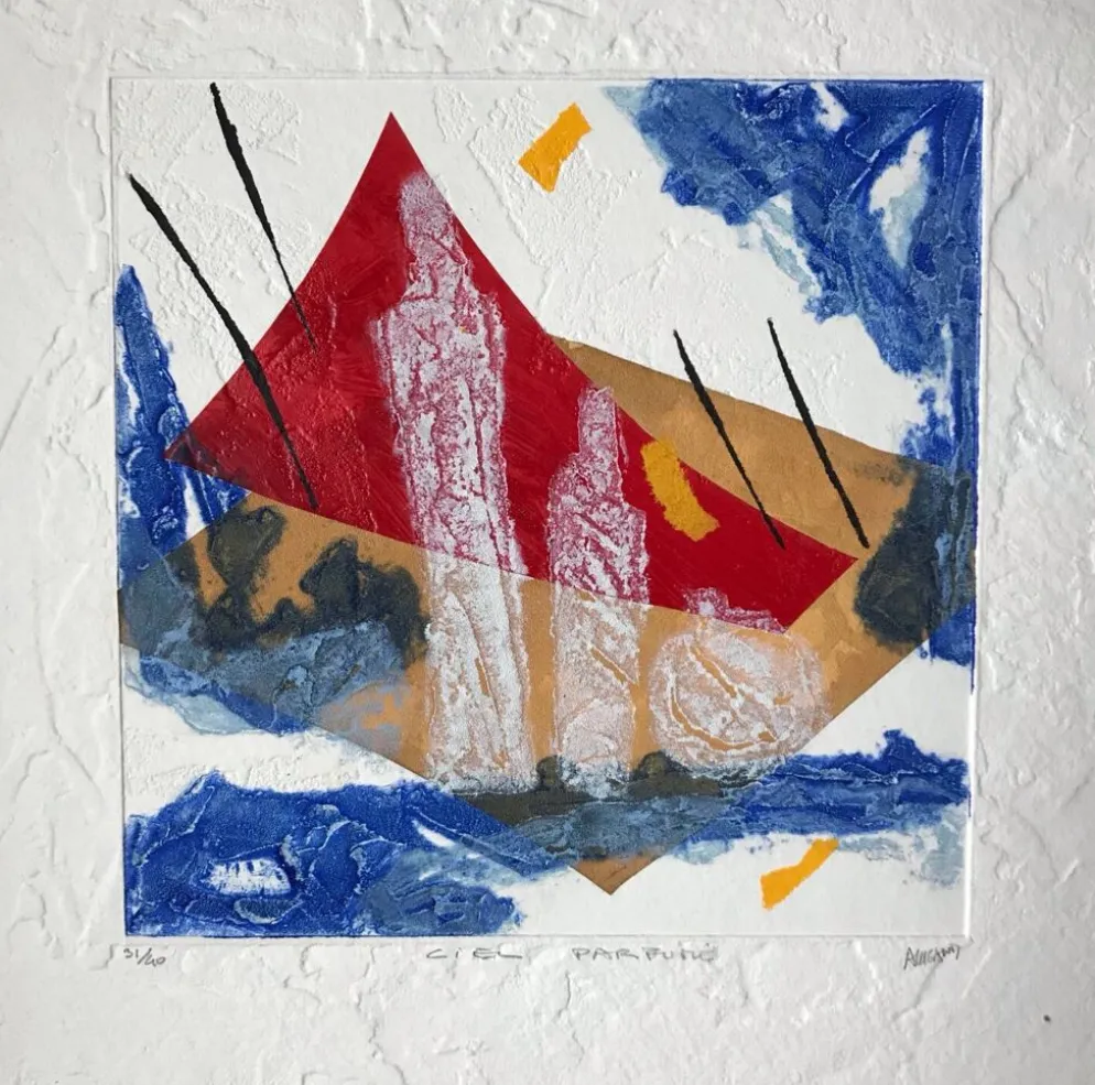 Bernard alligand (1953).ciel parfumé,2003.gravure carborundum+collage