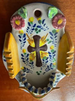 Bénitier vintage en terre cuite émaillée