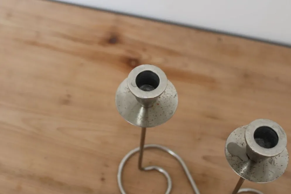 Bougeoir double vintage en métal chromé – Design spirale