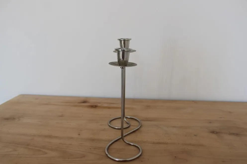Bougeoir double vintage en métal chromé – Design spirale