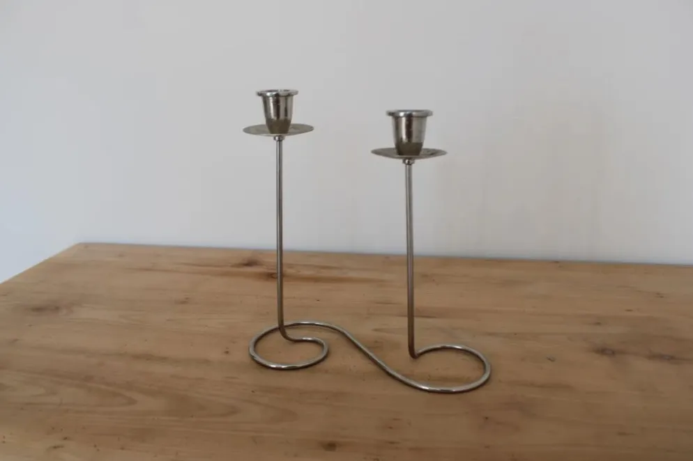 Bougeoir double vintage en métal chromé – Design spirale