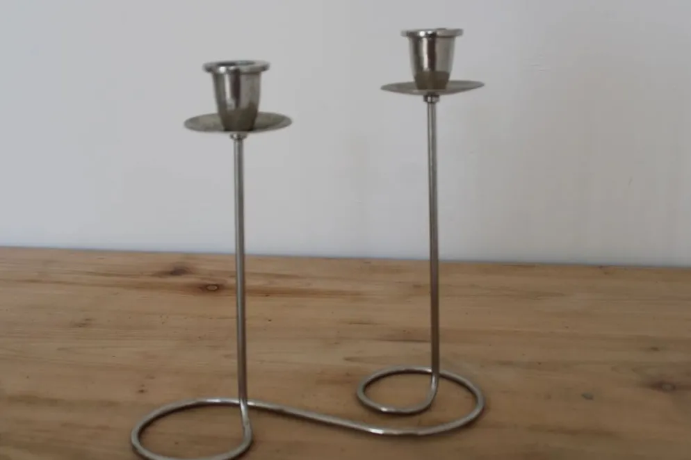 Bougeoir double vintage en métal chromé – Design spirale