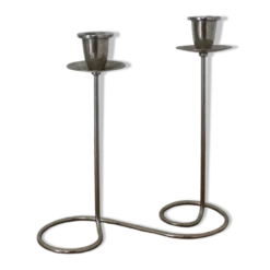Bougeoir double vintage en métal chromé – Design spirale