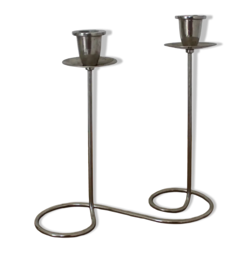 Bougeoir double vintage en métal chromé – Design spirale