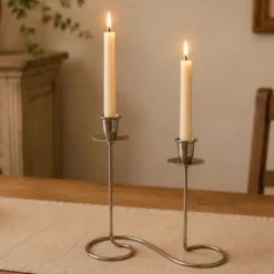 Bougeoir double vintage en métal chromé – Design spirale