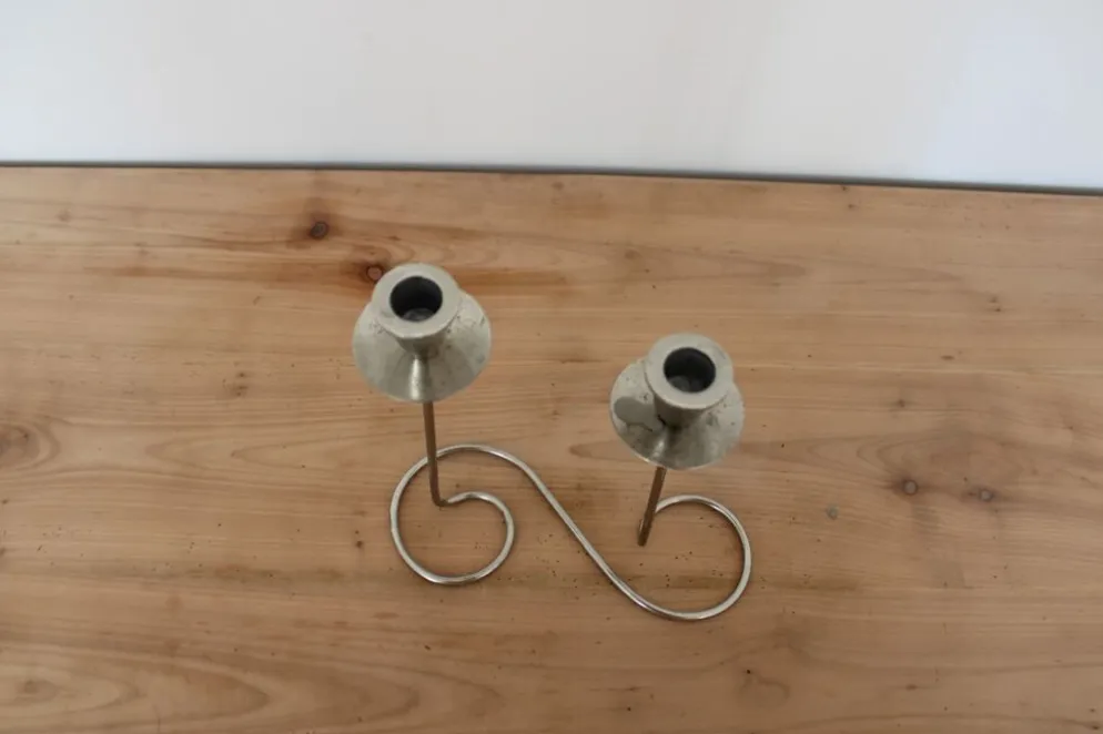 Bougeoir double vintage en métal chromé – Design spirale