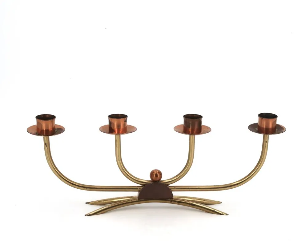 Bougeoir Scandinave à quatre branches en cuivre et laiton, années 50